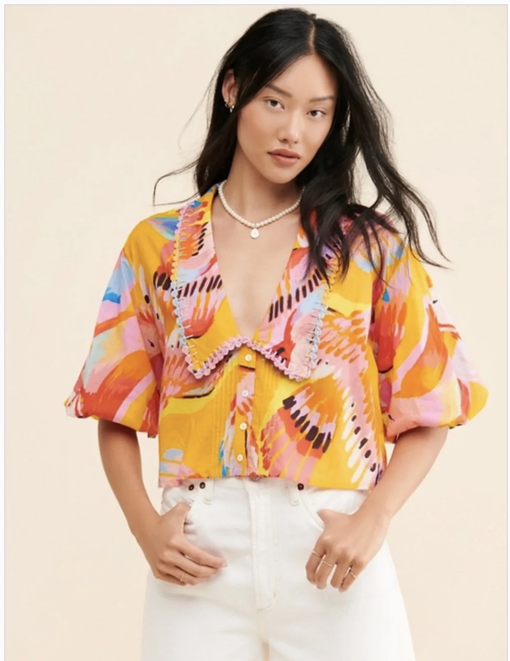 FARM Rio Macaws Multicolor Button Front Crochet Trimmed Collar  Blouse